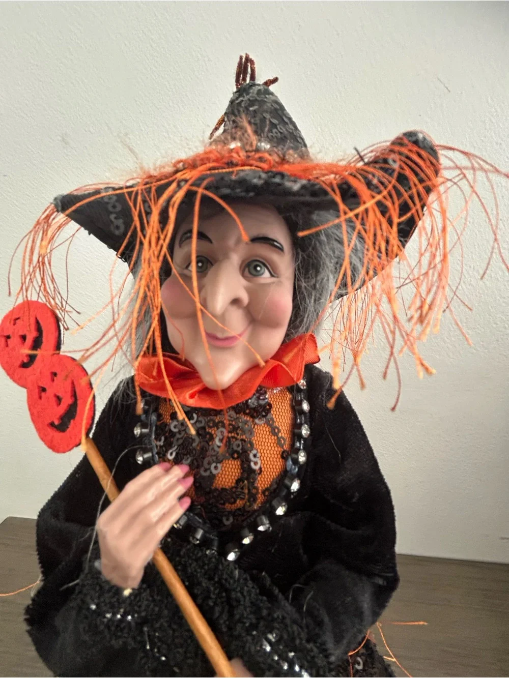 Halloween Witch Standing Black  Sequin Skull Dress Hat Rhinestones Pumpkins 15”
